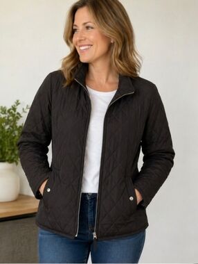 Lands End Quilted Jacket Womens L 14 16 Brown Lightweight Zip Snap Pockets Argyl